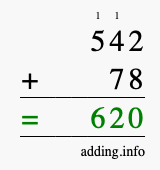 Calculate 542 + 78 using long addition