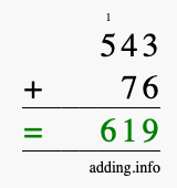 Calculate 543 + 76 using long addition