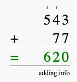 Calculate 543 + 77 using long addition