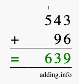 Calculate 543 + 96 using long addition