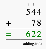 Calculate 544 + 78 using long addition