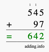 Calculate 545 + 97 using long addition