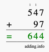 Calculate 547 + 97 using long addition