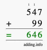 Calculate 547 + 99 using long addition