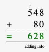 Calculate 548 + 80 using long addition
