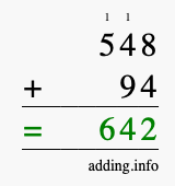 Calculate 548 + 94 using long addition