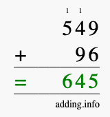 Calculate 549 + 96 using long addition