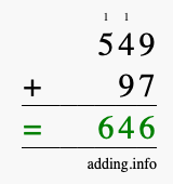 Calculate 549 + 97 using long addition