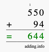 Calculate 550 + 94 using long addition