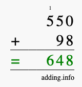 Calculate 550 + 98 using long addition