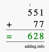 Calculate 551 + 77 using long addition