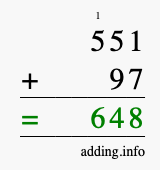 Calculate 551 + 97 using long addition