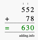 Calculate 552 + 78 using long addition