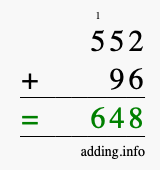 Calculate 552 + 96 using long addition