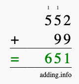 Calculate 552 + 99 using long addition