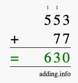 Calculate 553 + 77 using long addition