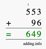 Calculate 553 + 96 using long addition
