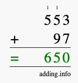 Calculate 553 + 97 using long addition