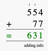 Calculate 554 + 77 using long addition