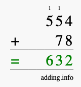 Calculate 554 + 78 using long addition