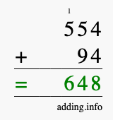 Calculate 554 + 94 using long addition