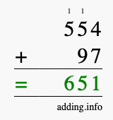 Calculate 554 + 97 using long addition