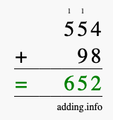 Calculate 554 + 98 using long addition