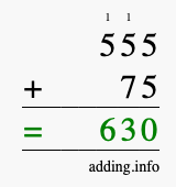 Calculate 555 plus 75 using long addition Calculate 555 + 75 using long addition