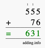 Calculate 555 + 76 using long addition