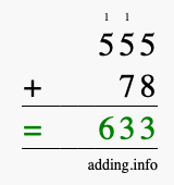 Calculate 555 + 78 using long addition