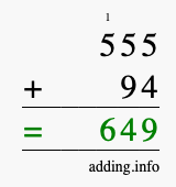 Calculate 555 + 94 using long addition