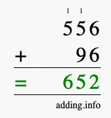 Calculate 556 + 96 using long addition