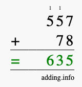 Calculate 557 + 78 using long addition