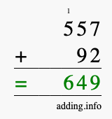 Calculate 557 + 92 using long addition