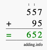 Calculate 557 + 95 using long addition