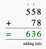 Calculate 558 + 78 using long addition