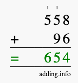 Calculate 558 + 96 using long addition
