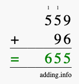 Calculate 559 + 96 using long addition
