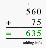 Calculate 560 plus 75 using long addition Calculate 560 + 75 using long addition