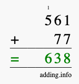 Calculate 561 + 77 using long addition