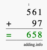 Calculate 561 + 97 using long addition