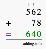Calculate 562 + 78 using long addition