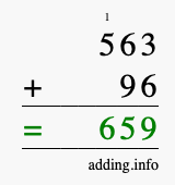 Calculate 563 + 96 using long addition