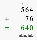 Calculate 564 + 76 using long addition
