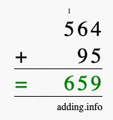 Calculate 564 + 95 using long addition