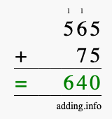 Calculate 565 + 75 using long addition