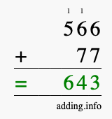 Calculate 566 + 77 using long addition