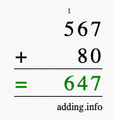 Calculate 567 + 80 using long addition
