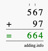 Calculate 567 + 97 using long addition