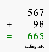 Calculate 567 + 98 using long addition
